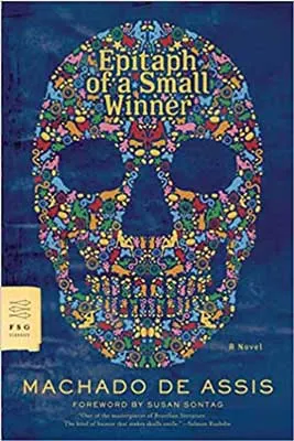 Epitaph of a Small Winner by Machado de Assis book cover with shape of colorful skull on blue background