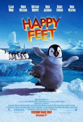 Happy Feet Movie Poster with dancing penguin on ice
