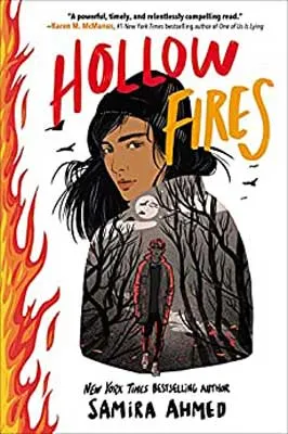 Hollow Fires by Samira Ahmed book cover with person looking over shoulder and sketch inside their jacket of person walking in woods along with flames