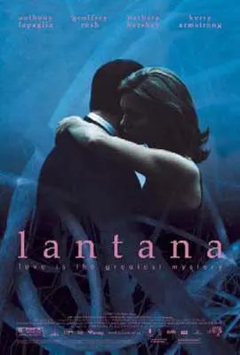Lantana Movie Poster with man and woman embracing with blue lighting