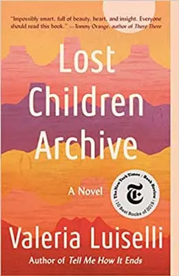 Lost Children Archive by Valeria Luiselli book cover with orange, pink and purple colors over mountains