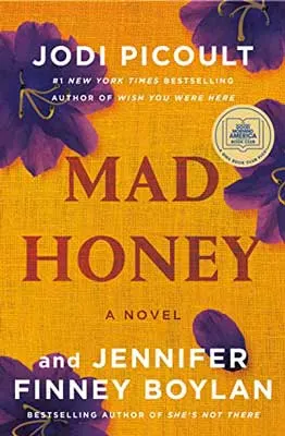 Mad Honey by Jodi Picoult and Jennifer Finney Boylan book cover with purple flowers on orange background