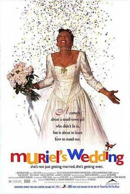 Muriels Wedding Movie Poster with woman in white dress holding bouquet of flowers
