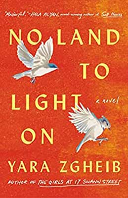 No Land to Light On by Yara Zgheib book cover with two white birds flying on red background