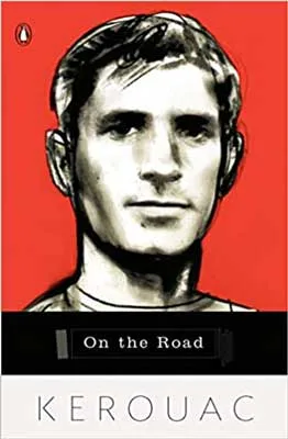 On the Road by Jack Kerouac book cover with black and white face on young man on orange background