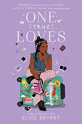One True Loves by Elise Bryant book cover with Black women sitting on green suitcase covered with stickers on purple background