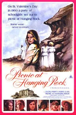 Picnic At Hanging Rock Movie Poster with white woman looking at viewer and women in white dresses on beach in background