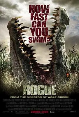 Rogue Movie Poster with crocodile eating red letters that say "how fast can you swim?" 