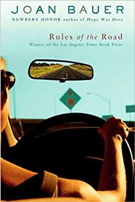 Rules of the Road by Joan Bauer book cover with person driving, road signs, and suspended rearview mirror