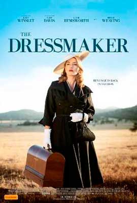The Dressmaker Movie Poster with woman in black dress wearing a big beige hat and carrying a brown suitcase