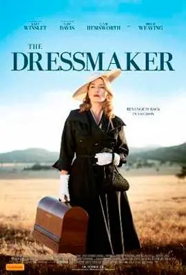 The Dressmaker Movie Poster with woman in black dress wearing a big beige hat and carrying a brown suitcase