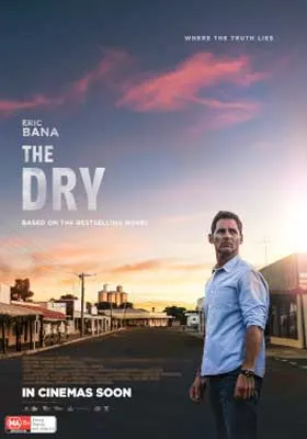The Dry Movie Poster with male looking out with pink and blue sky above a town street