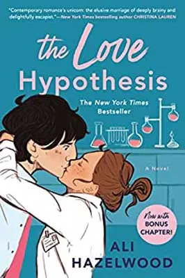 The Love Hypothesis by Ali Hazelwood book cover with brunette person in white grabbing and kissing black haired person with chemistry equipment in the background