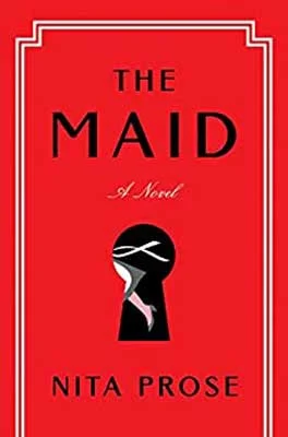 The Maid by Nita Prose book cover with key hole and red background