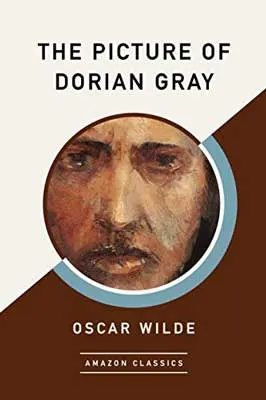 The Picture of Dorian Gray by Oscar Wilde book cover with picture of white man's face and tan and brown square