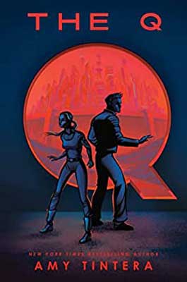 The Q by Amy Tintera book cover with man and woman standing back to back with giant red q in the background