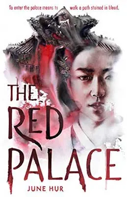 The Red Palace by June Hur book cover with face, flowing hair in shape of building, and red-like fog