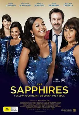 The Sapphires Movie Poster with group of men and women with blue dresses and ties