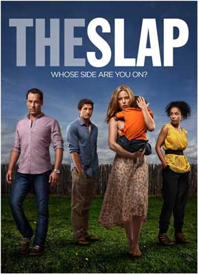 The Slap Australian Miniseries Poster with 4 adults, one of whom is holding a child protectively