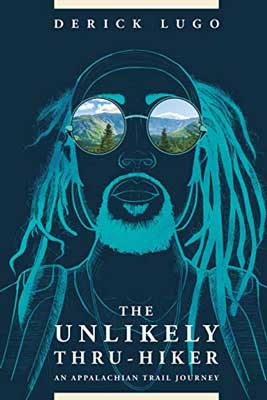 The Unlikely Thru-Hiker by Derick Lugo book cover with blue and turquoise coloring of older man's face with beard, long hair, and wearing glasses