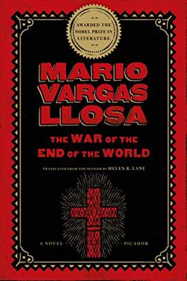 The War at the End of the World by Mario Vargas Llosa book cover with red cross and red writing on black background