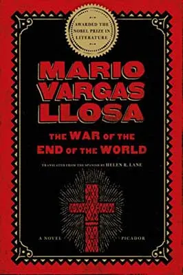 The War at the End of the World by Mario Vargas Llosa book cover with red cross and red writing on black background