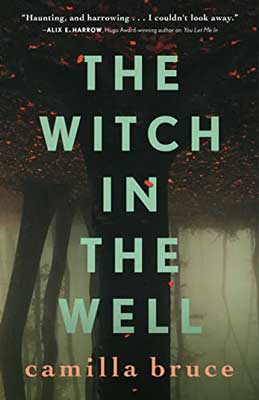 The Witch in the Well by Camilla Bruce book cover with black trees with spots of bright red in the fog