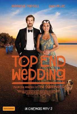 Top End Wedding Movie Poster with man wearing tux and bowtie and woman in dress on shore