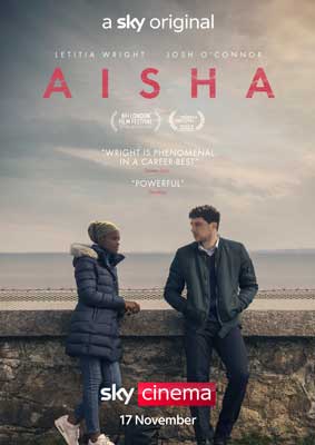 Aisha Movie Poster with two people talking and leaning on concrete ledge in jackets