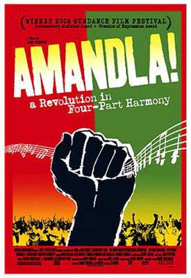 Amandla! A Revolution in Four Part Harmony Movie Poster with Black fist in air with red and green tinted landscapes