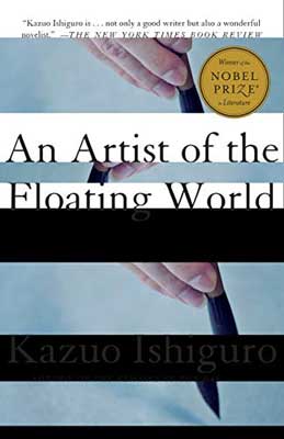 An Artist Of The Floating World by Kazuo Ishiguro book cover with hands holding a writing or painting utensil 