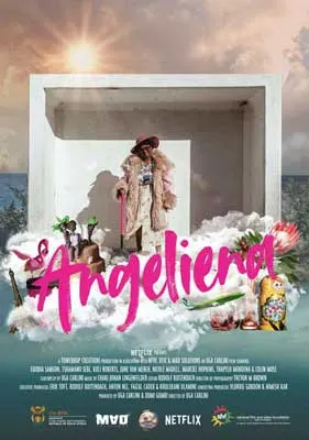 Angeliena Movie Poster with Black woman standing in a white shadow box with sun and clouds behind her