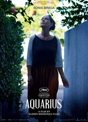 Aquarius Movie Poster with woman walking and looking up next to wall and leaves