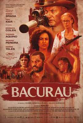 Bacurau Movie Poster with images of people with red tint and man holding a pointed weapon