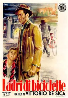 Bicycle Thieves Italian Film Poster with man in brown jacket and someone walking away with a bicycle