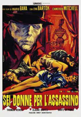 Blood and Black Lace Italian Film Poster with creepy figure wearing a black hat looking down at piles of dead bodies of women