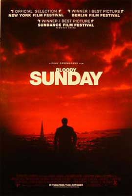 Bloody Sunday Film Poster with shadowed person with city in background and red sky