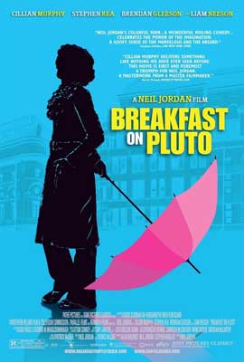 Breakfast on Pluto Movie Poster with black-shaded figure holding pink umbrella tilted down on blue background