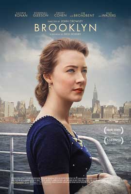 Brooklyn Film Poster with white woman with reddish-brown hair and blue eyes wearing a blue top looking out water from boat with city in the background