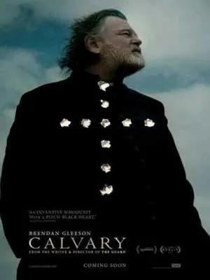 Calvary Irish Movie Poster with older white man in black coat with silver jeweled cross