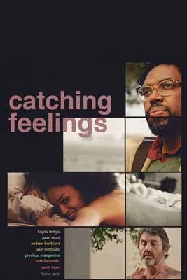 Catching Feelings Movie Poster with Black man standing and Black woman in bed