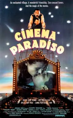 Cinema Paradiso Movie Poster with woman kissing man in black and white on movie screen