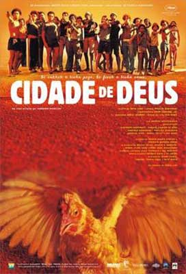 City of God Movie Poster with group of people on top and red and orange bird on bottom