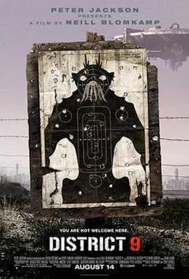 District 9 Movie Poster with non-human form on target practice with holes