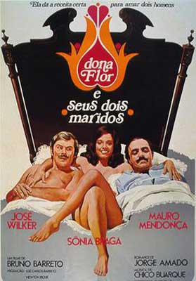 Dona Flor and Her Two Husbands Movie Poster with one women between two men in bed
