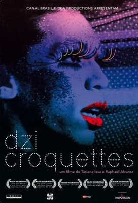 Dzi Croquettes Movie Poster with purple and blue tint over person with long lashed and red lips