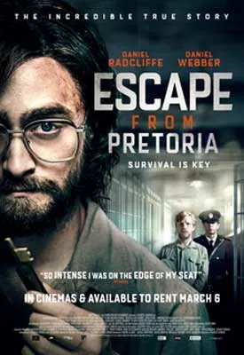 Escape from Pretoria Movie Poster with man wearing glasses with beard and mustache holding a key and police in the distance behind him