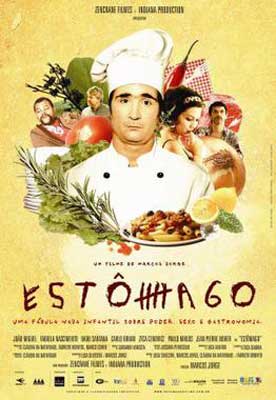 Estômago Movie Poster with young chef and people and food around him