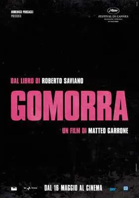 Gomorra Italian Movie Poster with black background and title in pink writing