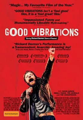 Good Vibrations Film Poster with person throwing arm up in air holding a microphone